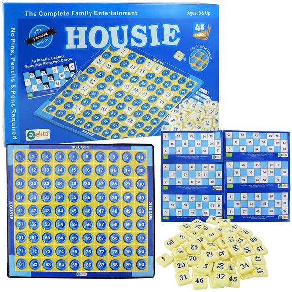 Housie Premium Family Board Game - 90 Tiles, 48 Cards & Tile Fixable Board