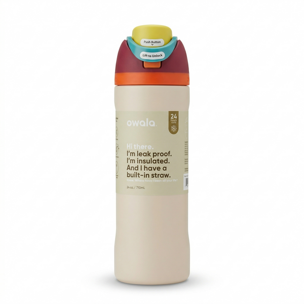 Beige insulated bottle with colorful cap on a white background