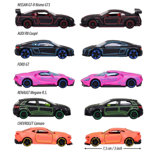 Majorette Light Racer Diecast Car Gift Pack – Set of 5 Neon Style Metal Cars | 1:64 Scale Collectible Vehicles with Opening Parts