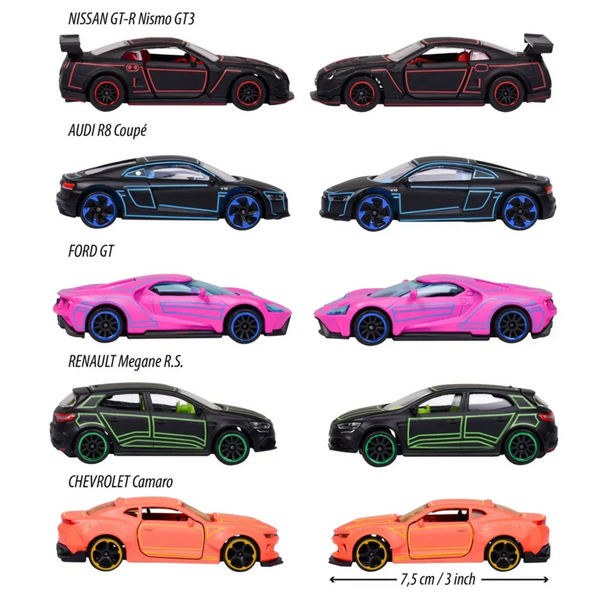 Majorette Light Racer Diecast Car Gift Pack – Set of 5 Neon Style Metal Cars | 1:64 Scale Collectible Vehicles with Opening Parts