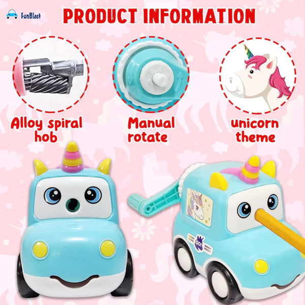 FunBlast Unicorn Car Pencil Sharpener – Manual Rotate, Alloy Spiral Hob | Kids Stationery