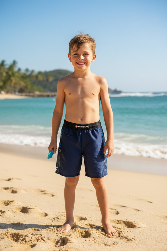 Boy on beach wearing Konexpro Sports Background swim shorts