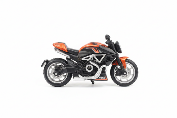Orange black cruiser motorcycle side view white background