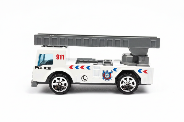 Police 911 ladder truck side view white background