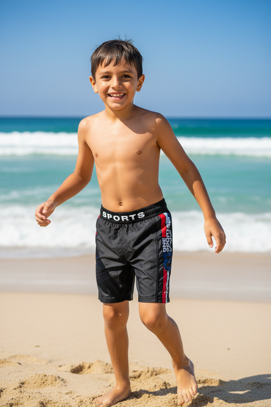 Boy on beach wearing Konexpro One Sports black red swim shorts