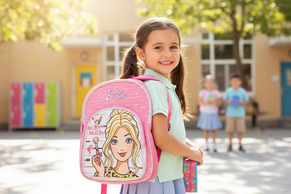 Girl wearing Barbie Believe Your Beauty school bag lifestyle photo