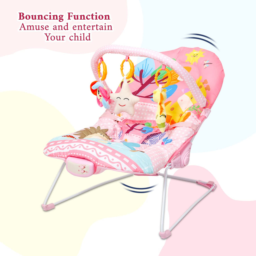 Mee Mee Baby Bouncer Cum Rocker Chair for Newborns to Toddlers, with Soothing Music and Vibration, Portable, Toy bar, (Compact, Pink)