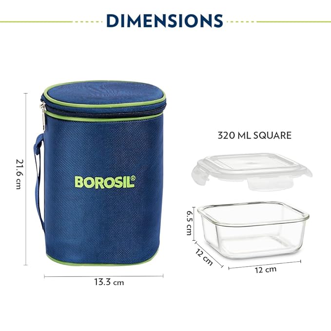 Borosil 320ml Microwavable Glass Lunch Box Set of 3 Square with Lunch Bag