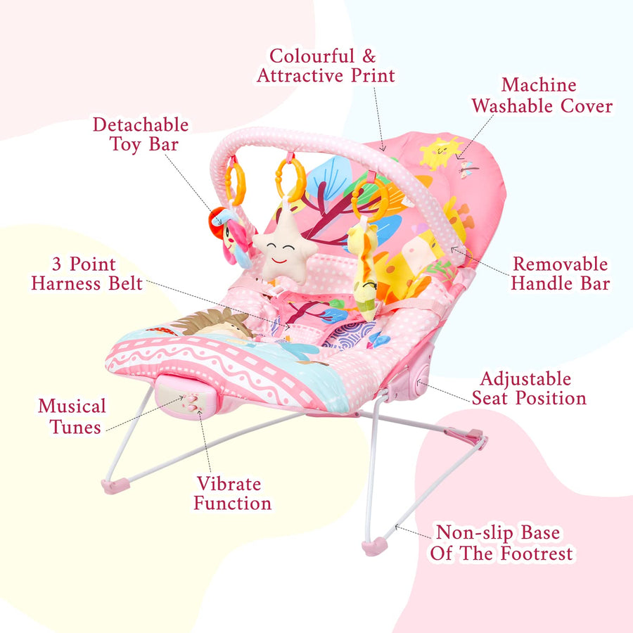 Mee Mee Baby Bouncer Cum Rocker Chair for Newborns to Toddlers, with Soothing Music and Vibration, Portable, Toy bar, (Compact, Pink)
