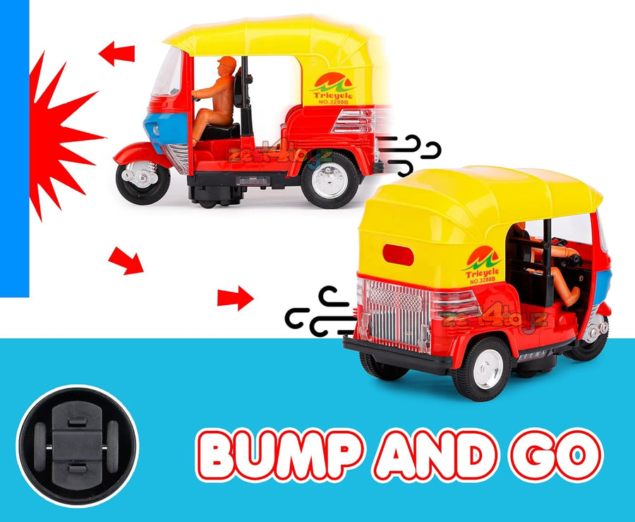 Auto Rickshaw Toy with Pullback Action Bump & Go Auto Rickshaw Kids Toys with Lights & Music Sound Toy Battery Operated Toys for Kids