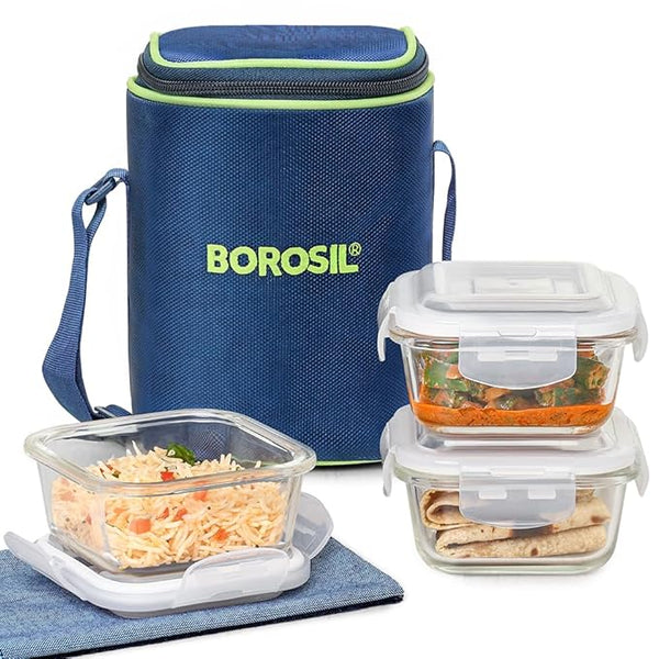 Borosil 320ml Microwavable Glass Lunch Box Set of 3 Square with Lunch Bag