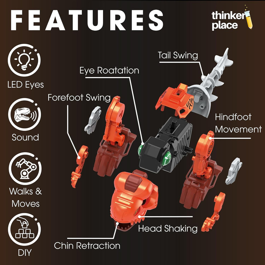 Thinker Place STEAM Learn About Gears - Build Your Own T-Rex Dinosaur Robot with LED Eyes, Sound & AR Experience for Kids 6+