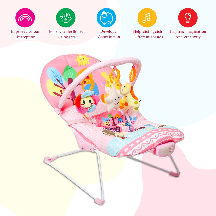 Mee Mee Baby Bouncer Cum Rocker Chair for Newborns to Toddlers, with Soothing Music and Vibration, Portable, Toy bar, (Compact, Pink)