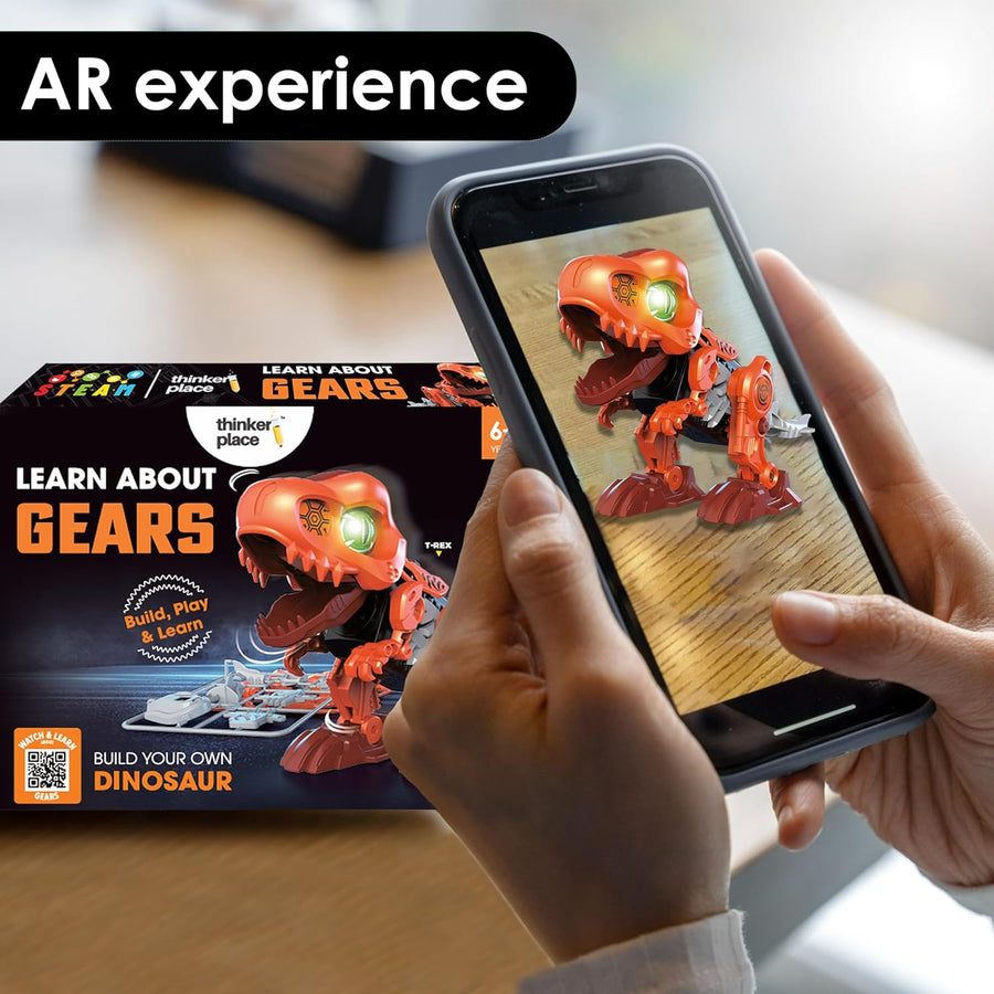 Thinker Place STEAM Learn About Gears - Build Your Own T-Rex Dinosaur Robot with LED Eyes, Sound & AR Experience for Kids 6+
