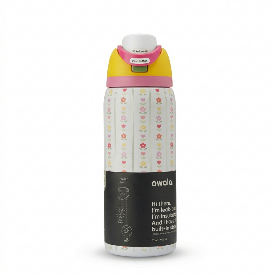 Floral-patterned water bottle with yellow cap on a white background