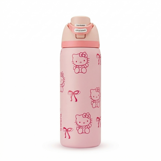 Pink water bottle with Hello Kitty design on a white background