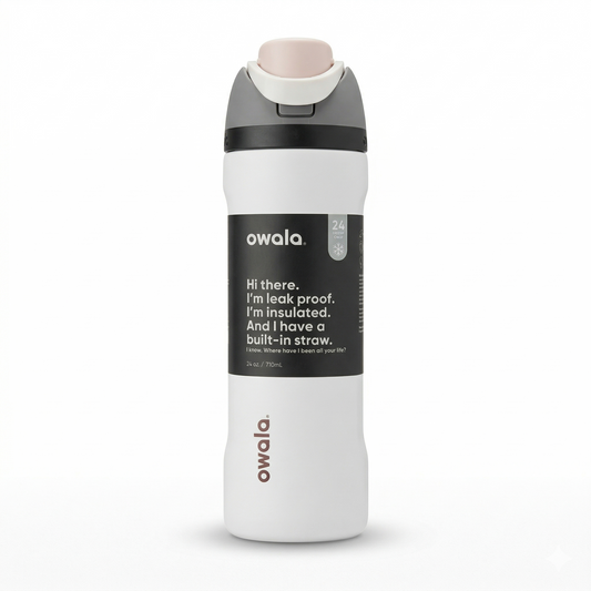 White and gray insulated water bottle with Owala branding on a white background
