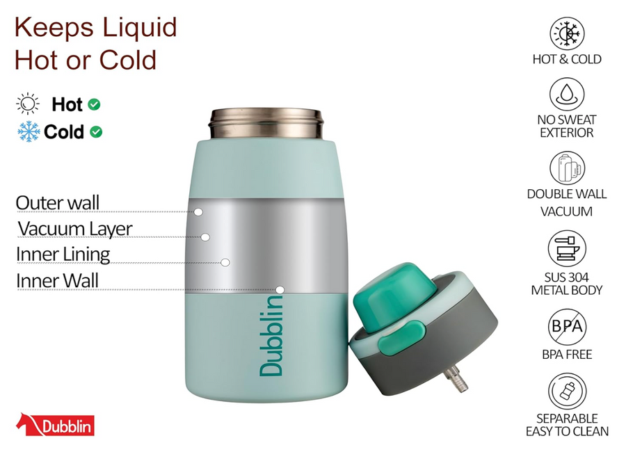 Dublin Ruff & Tuff 550 ML Stainless Steel Vacuum Flask, Leakproof Insulated Water Bottle for Gym, Office & Travel (Green)