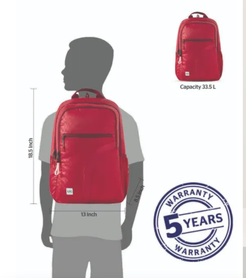 Red backpack with size measurement, capacity details, and a 5-year warranty badge on a white background.