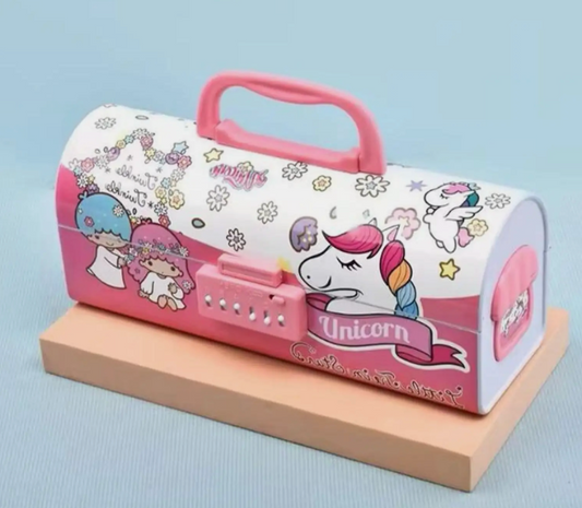 DiMoris Unicorn Password Lock Pencil Box – Double Layer with Handle & Mirror