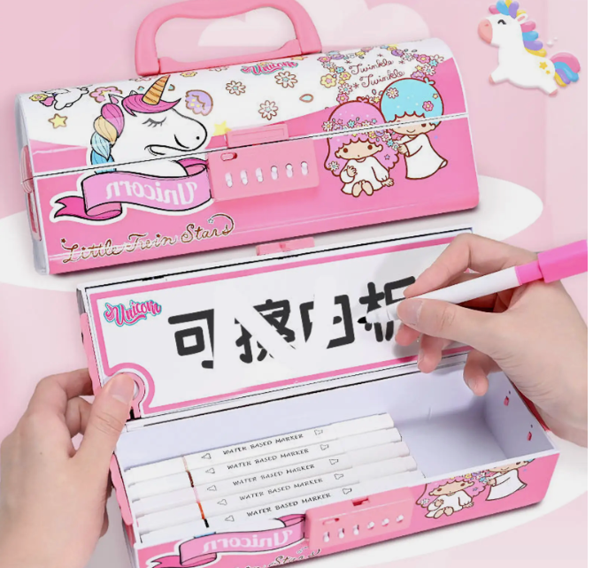 DiMoris Unicorn Password Lock Pencil Box – Double Layer with Handle & Mirror