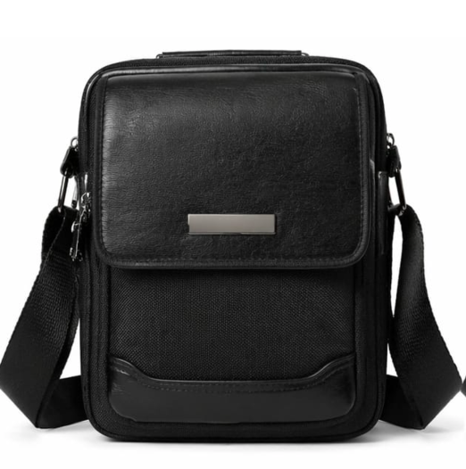 Men's Black Leather-Style Crossbody Messenger Bag
