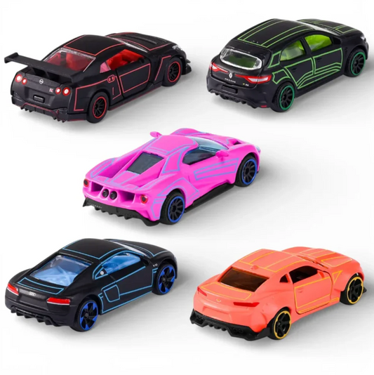 Majorette Light Racer Diecast Car Gift Pack – Set of 5 Neon Style Metal Cars | 1:64 Scale Collectible Vehicles with Opening Parts