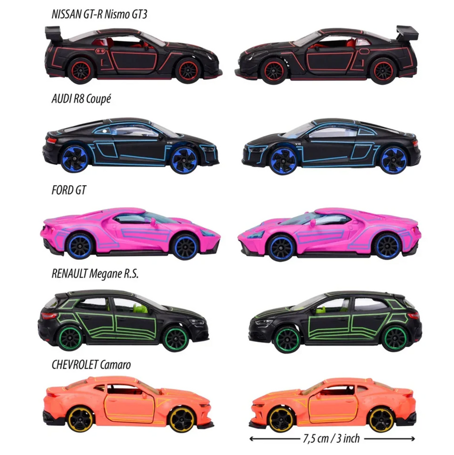Majorette Light Racer Diecast Car Gift Pack – Set of 5 Neon Style Metal Cars | 1:64 Scale Collectible Vehicles with Opening Parts