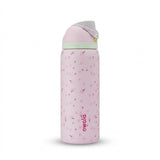Pink water bottle with cherry blossom design on a white background