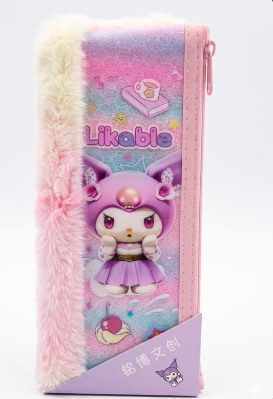 Kuromi Fluffy Glitter Pencil Pouch – Kawaii Plush Stationery Bag
