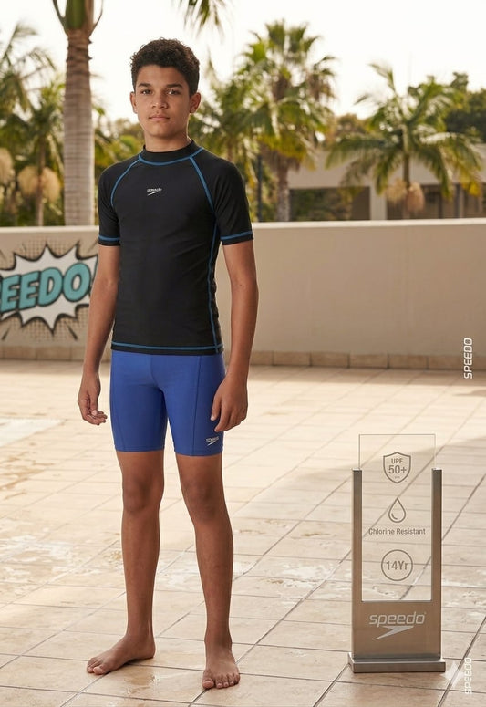 Speedo JM Short Sleeve Suntop – Kids Swimwear | Black/Blue | Size 14Yr