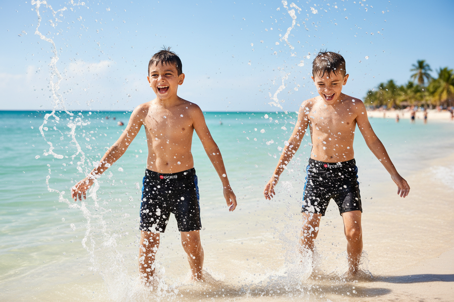 Boys playing in water wearing Konexpro black blue bubble swim shorts