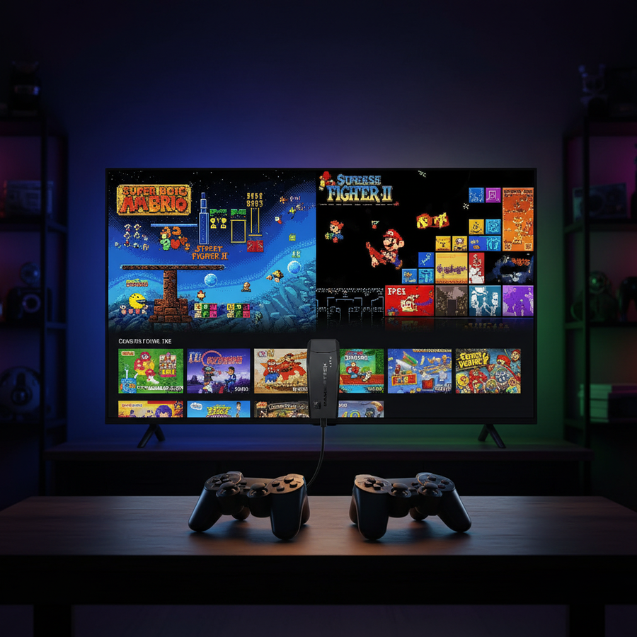 Game Stick Lite 4K HDMI plugged into TV showing retro games