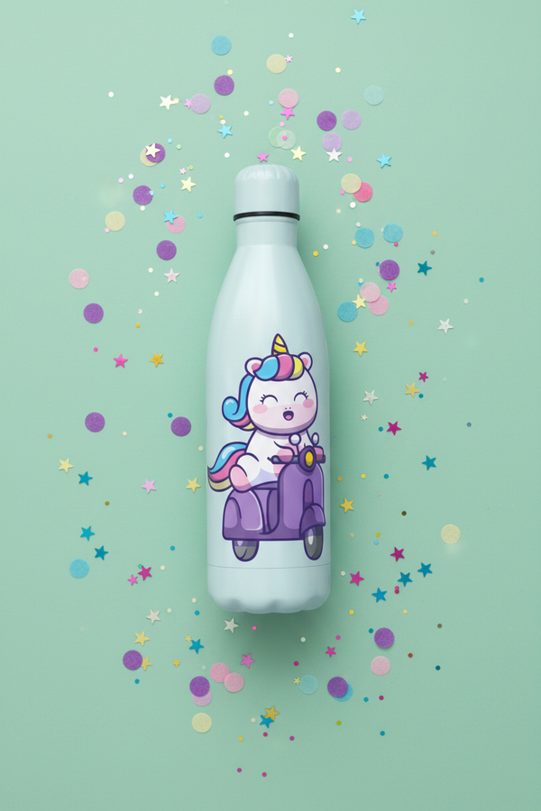 Purple Scooter bottle - lifestyle flat lay
