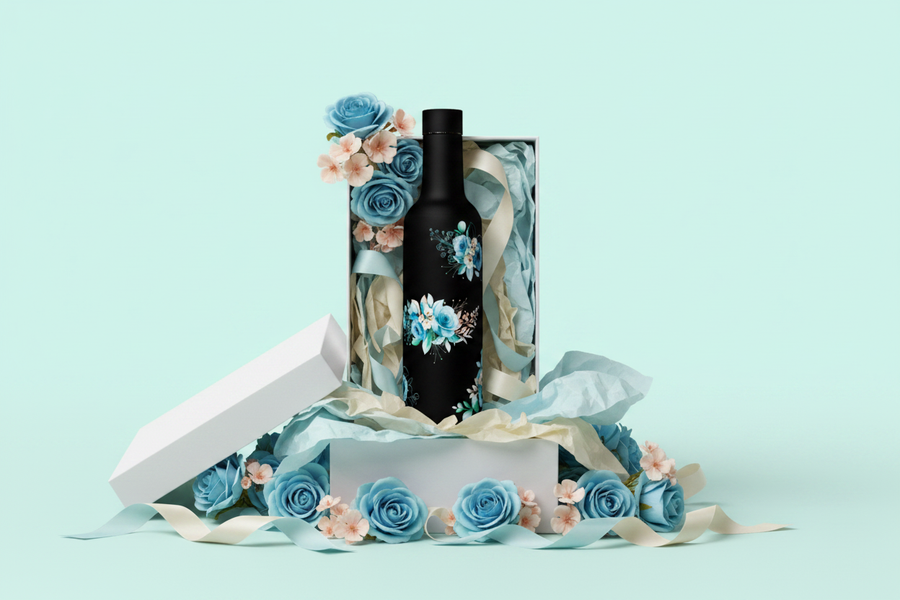 Blue Floret bottle - gift box scene