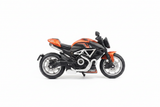 Orange black cruiser motorcycle side view white background