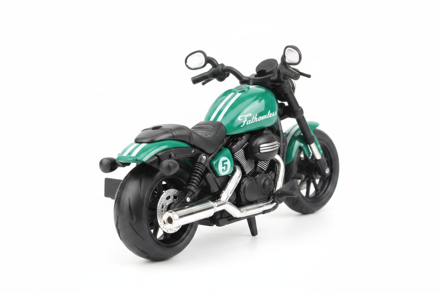 Fathomless green black cruiser motorcycle rear view white background