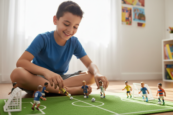 Happy boy playing with 2026 World Cup football figures on green turf