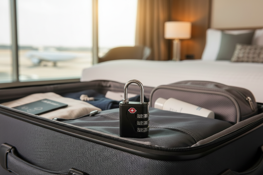 Travel Sentry Black Padlock - Lifestyle on Suitcase