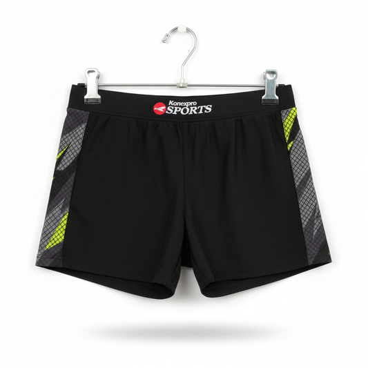 Konexpro black neon yellow stripe swim shorts product photo white background