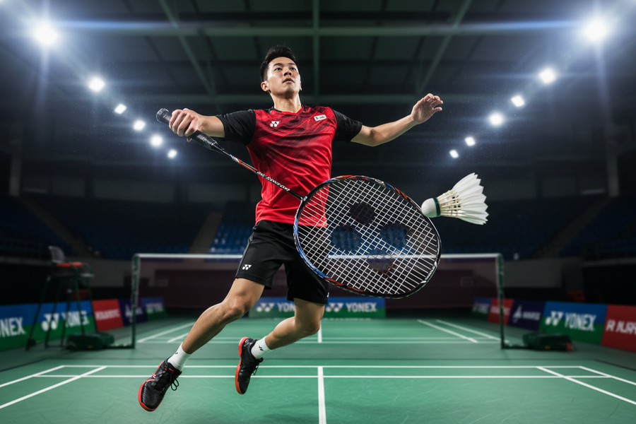 Player in action with Yonex Voltric Lite 40i badminton racket