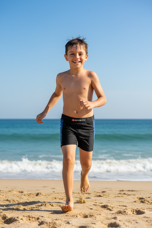 Boy running on beach wearing Konexpro black blue bubble swim shorts