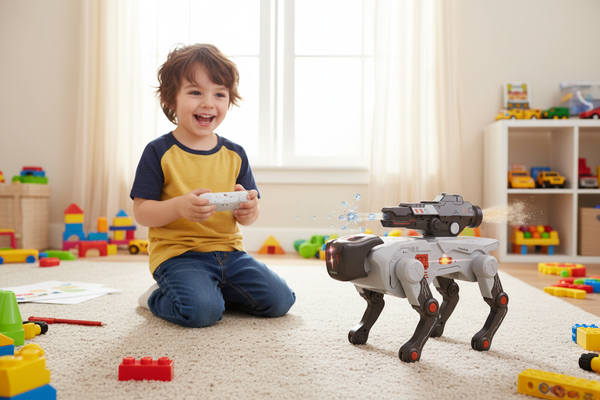 Kid playing with RC Robot Dog indoors