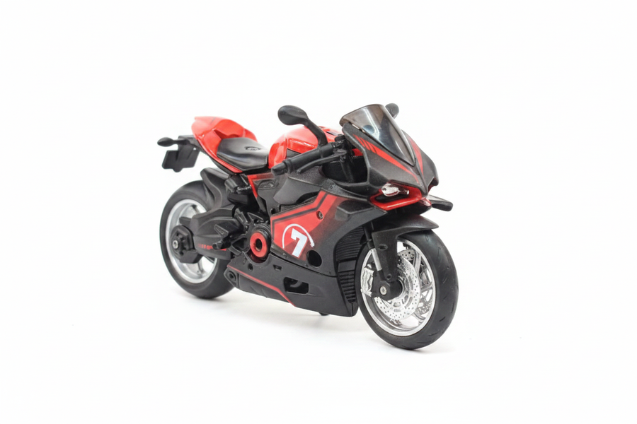 Die-cast motorcycle 3/4 angle view white background