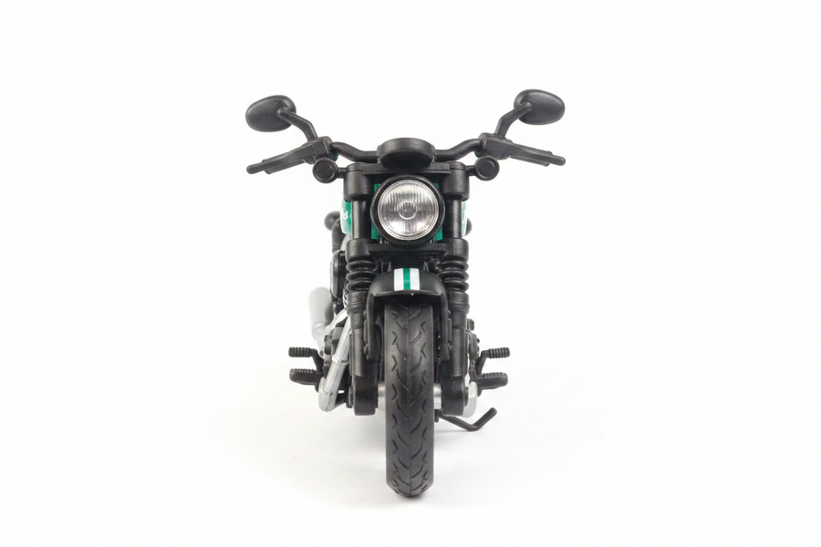 Fathomless green black cruiser motorcycle front view white background