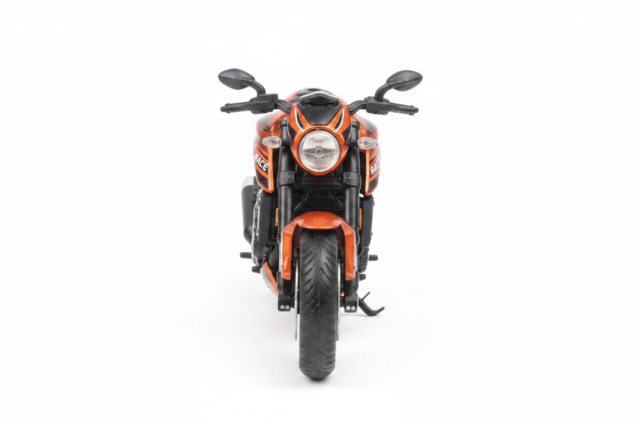 Orange black cruiser motorcycle front view white background