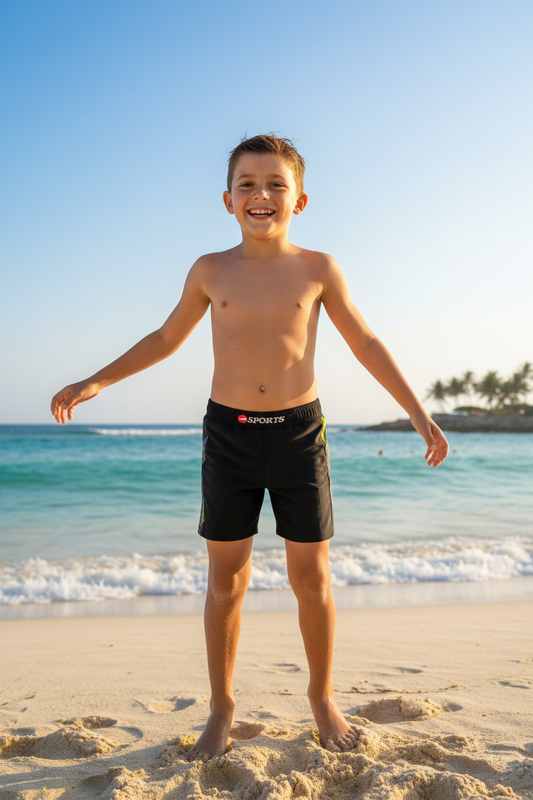 Boy on beach wearing Konexpro black neon yellow stripe swim shorts