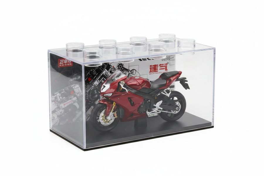 Die-cast motorcycle in display box white background